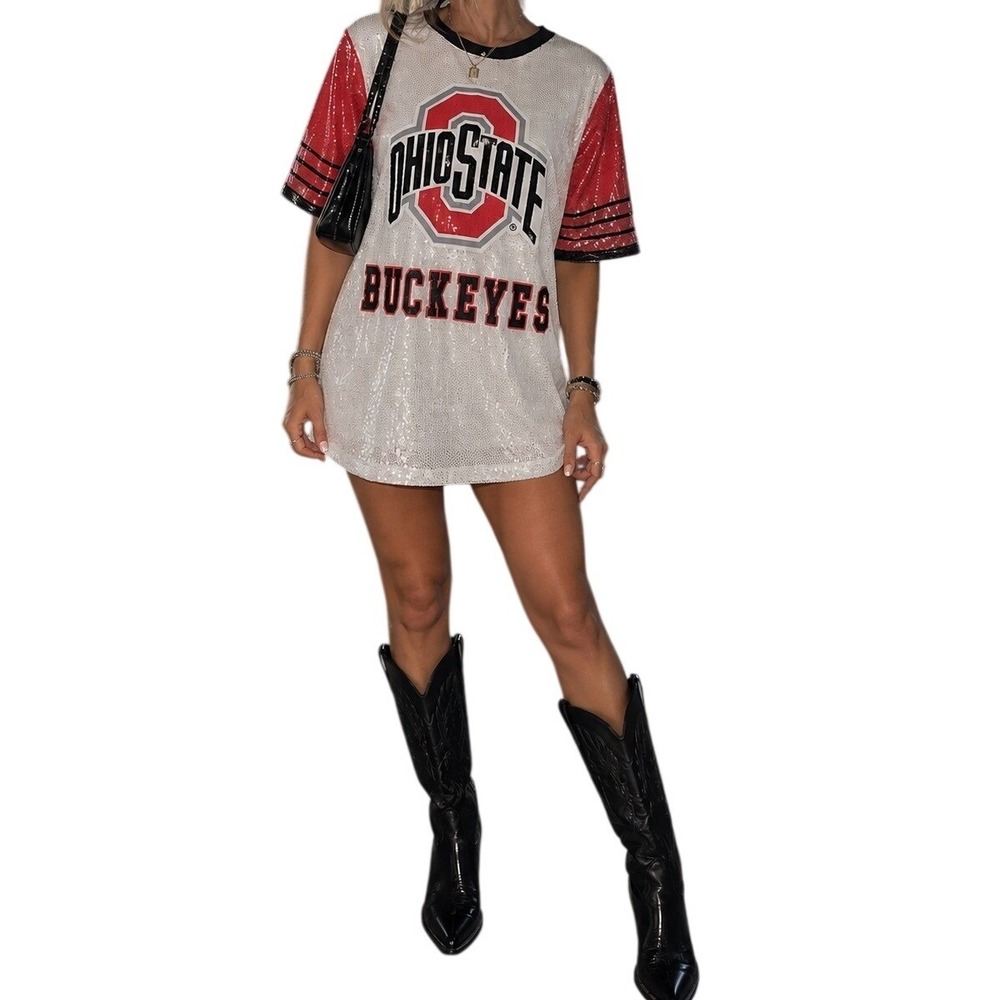 Ohio State Sequin Jersey Dress Medium White Red Buckeyes Logo Game Day Tail Gate